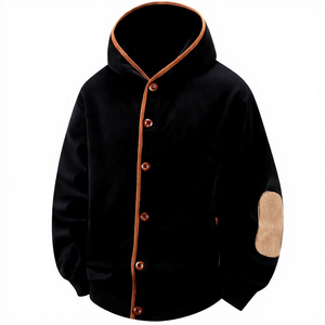 Men <b>Hooded</b> <b>Fleece</b> <b>Jacket</b> Solid Color Button Front Windproof Casual Autumn Coat Oversized Eco-Friendly Patchwork Design - Product Image 1