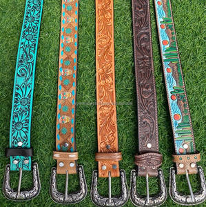 New Handmade Stylish Turquoise Hand <b>Tooled</b> <b>Leather</b> Western Belts Personalized Genuine <b>Leather</b> Floral Design Unisex Waist Belts - Product Image 4