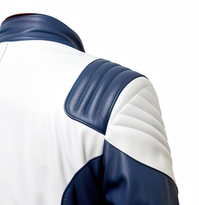 แจ็คเก็ตหนังแท้สีขาวน้ำเงิน ปกตั้ง ซิปหน้า กันน้ำ เป็นมิตรกับสิ่งแวดล้อม สไตล์ไฮสตรีท ทรงเข้ารูป สไตล์ไบค์เกอร์ คาเฟ่ เรเซอร์ - Product Image 5