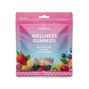 Pochette à 3 joints latéraux imprimée numérique à quantité minimale de commande bas avec fermeture à glissière pour Wellness Gummy | Toucher velours doux avec fente Euro | quantité minimale de commande 2000 pièces - Product Image 1