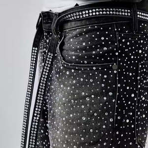 Men's Loose Fit Acid Wash High Waist Distressed Bootcut Glitter Rhinestone Baggy Denim Pants Straight Style <b>Jeans</b> - Product Image 2