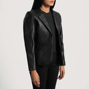 Cora <b>Quilted</b> Black Leather Blazer Business Suits Style <b>Single</b> Button Closure Knitted Woolen Fabric Solid Pattern Long Button - Product Image 3