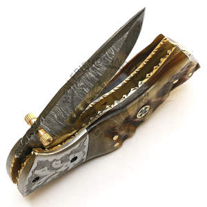 Cuchillo plegable con mango de cuerno de carnero de Damasco, grado Industrial de alta calidad para caza, supervivencia, uso al aire libre, propietario de la tienda recomendado - Product Image 4