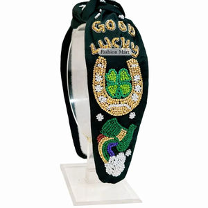 Designer Beaded Fabric Headband Clover Horseshoe And Rainbow Design Customisable - Product Image 1