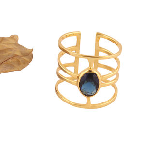 Bague ovale de londres en quartz bleu, bijou de déclaration en laiton plaqué or à quatre couches, anneau ouvert réglable pour femme - Product Image 4