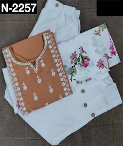 Trendy Ethnic Wear Baumwoll material Fertig mit Stickerei Kurtis mit Hose und Krepp mit digital bedrucktem Dupatta-Set