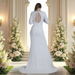 ชุดเดรสสีขาวสำหรับเจ้าสาวผ้าโพลีเอสเตอร์เนื้อนุ่มพิเศษพร้อมดีไซน์ทันสมัยและแขนยาวเต็มตัวสำหรับแต่งงาน - Product Image 2