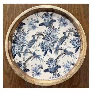 Top vente bois plateau de service autocollant décalcomanie impression ronde vaisselle hôtel maison nourriture Table plateau en gros plat thé café plateau bois - Product Image 2