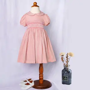 Dress Summer Kids Smocked Linen Pink Pastel Embroidered Peter Pan Collar Cute Girls Casual Dresses Wholesale