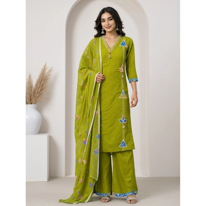 Conjunto de Palazzo y Dupatta de Algodón Bordado Transpirable con Cuello en V Verde para Mujer, Traje Étnico Casual de Verano con Mangas Tres Cuartos, Elegante - Product Image 1
