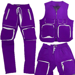 Dos piezas negro bolsillos estilo callejero logotipo personalizado hombres chándal chaqueta y pantalones conjuntos chándal pantalones cortos conjunto hombres - Product Image 4