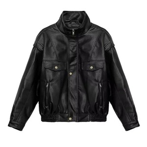 แจ็คเก็ตบอมเบอร์หนังแท้สำหรับผู้ชายฤดูหนาวกันลมกันน้ำเป็นมิตรกับสิ่งแวดล้อมมีซิปปิดหนามาตรฐานสีดำแนวสตรีทสูง - Product Image 3