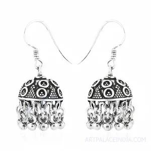 Cultural Indian Bohemia Style 925 Silver Jhumka Earrings for Women's Wedding Gift Collection Wholesale SKU AGER-22698 - Product Image 3