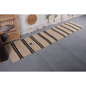 Tapis turc Vintage bohème classique 210X950 pieds Beige noir rayé laine Patchwork plat tissage Technique Rectangle Latex - Product Image 2