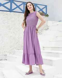 El más nuevo precio bajo con estilo de longitud media natural de las mujeres rayón Maxi vestido Floral Smocking Casual señoras vestido escalonado para damas - Product Image 1