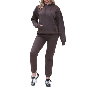 Conjunto de pantalones y Sudadera con capucha en blanco de gran tamaño para mujer con logotipo, conjunto de chándal para correr de color sólido con hombros caídos - Product Image 4