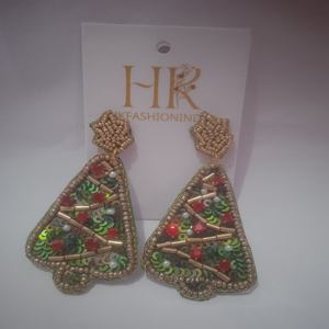 Artisan Gold Beaded <b>Earrings</b> for Women Unique Festive Holiday Jewelry for Winter Weddings Parties Christmas Tree Trendy Xmas - Product Image 1