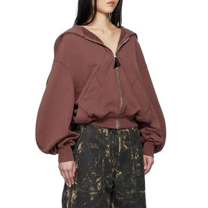 เสื้อฮู้ดดี้ผู้หญิงทรงครอป แขนยาวพอง ทรงหลวม ไหล่ตก แต่งซิปคุณภาพสูง สไตล์วินเทจ ล้างสี แต่งผ้าปะติด ฮู้ดใหญ่ - Product Image 4