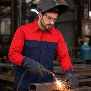 Men's Red And Navy Long Sleeve Work <b>Shirt</b> Cotton Abrasion Resistance Work Fashion Uniform - Product Image 6