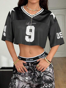 Maillot de football américain en maille noire pour femme, col en V, numéro 9 imprimé, haut streetwear surdimensionné - Product Image 4