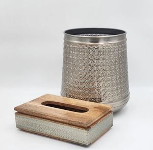 Boîte à mouchoirs en acier argenté avec gravure et incrustation sur bois naturel Design élégant pour des espaces luxueux - Product Image 2