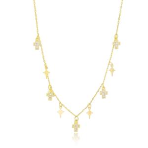 <b>Cross</b> and North Star Design Clear Zircon Stone Charm Necklace Turkish Handmade Wholesale 925 Sterling Silver Jewelry - Product Image 2