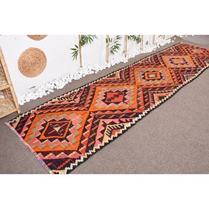 Tapis Ethnique Turc Vintage en Laine 3.1X12.1 pieds Orange et Beige Motif Géométrique Patchwork Design avec Support en Latex - Product Image 3
