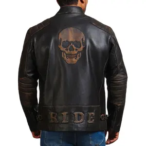Veste de motard en cuir de vache noir véritable pour homme, veste de course de café en relief de crâne noir