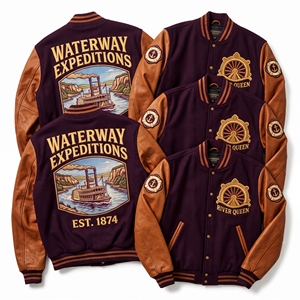 En gros Blouson universitaire en laine chinée anthracite avec manches en cuir crème, broderie 'Cable Ferry River Crossing', style Letterman - Product Image 6