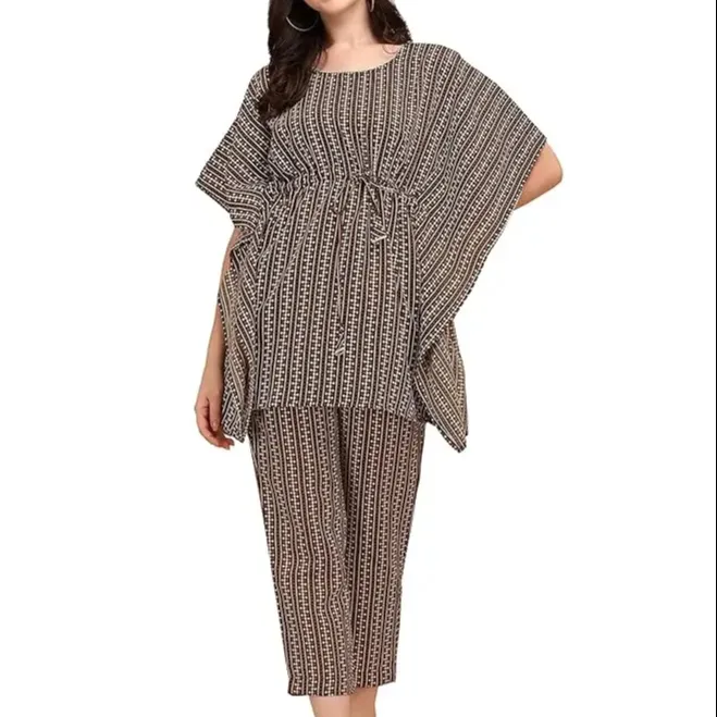 Haut caftan imprimé col rond droit en coton mélangé pour femmes avec pantalon vêtements de nuit vêtements pour femmes vêtements d'été robe