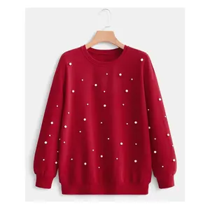 2023 नई आगमन सर्दियों कस्टम स्वेटर लाल रंग सफेद पत्थर फैशन स्वेटर कपड़े आकस्मिक पसीना शर्ट