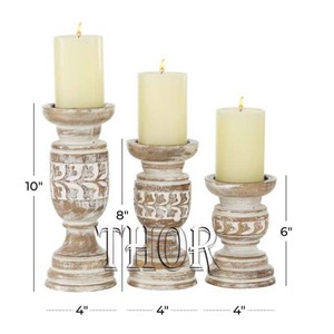 Juego de 3 portavelas de madera talladas a mano, soporte de vela de Pilar decorativo para sala de estar, mesa, centro de mesa, acabado de lavado blanco - Product Image 4