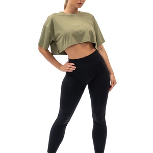 Women's <b>Olive</b> <b>Green</b> Oversized Crop Top Short Sleeve Crew Neck Regular Fit Solid Color Eco-Friendly Quick Dry Breathable <b>T</b>-<b>Shirt</b> - Product Image 5