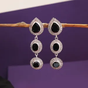 <b>925</b> <b>Silver</b> Vintage Dangle <b>Earrings</b> with Black Gemstone Gold Plating Drop Style Water Drop Shape for Wedding Gift Women's Jewelry - Product Image 3
