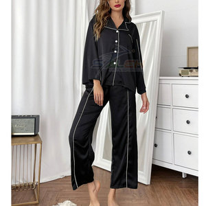 Ensemble de pyjama 2 pièces en soie/polyester décontracté pour femmes avec haut boutonné et pantalon long respirant et écologique - Product Image 6