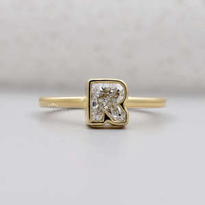 Lab Grown Diamond <b>Engagement</b> <b>Ring</b> R Letter with Bezel Set in Yellow Gold <b>Unique</b> and Elegant Diamond <b>Rings</b> - Product Image 1