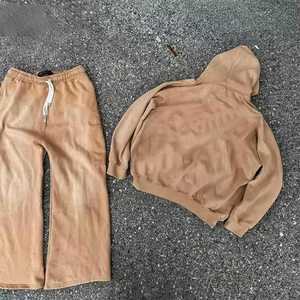 2024 sur mesure blanc lavage à l'acide hommes coton éponge lourd sweat à capuche et pantalon évasé ensemble Vintage unisexe survêtement - Product Image 4