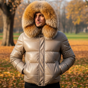 Beige Leather Puffer <b>Jacket</b> with Fox <b>Fur</b> <b>Hood</b> Plaid Pattern Breathable Casual <b>Jacket</b> for Men - Product Image 3