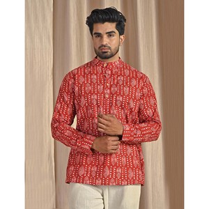 Kurta court en coton popeline rouge imprimé pour homme, chemise décontractée à manches longues, respirante et confortable - Product Image 5