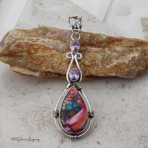 Pendentif en cuivre rose et turquoise avec collier en argent sterling et quartz rose, pendentif en pierre précieuse fait à la main, cadeau pour femme - Product Image 3
