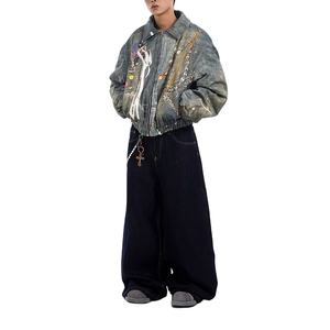 Veste en jean vintage délavée à l'acide peinte à la main Streetwear pour homme STITCHMODE avec patch brodé - Product Image 6