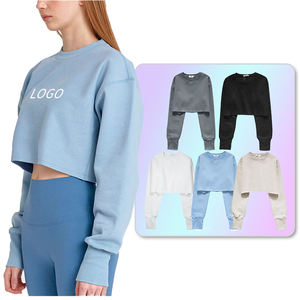 Top corto de color sólido de alta calidad con capucha Sudaderas con cuello redondo para mujer ropa informal Jersey de algodón sudaderas con capucha - Product Image 3