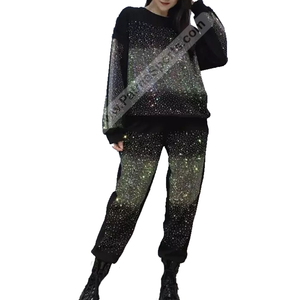 Stretchable Solid Casual Rhinestone Breathable Quick Dry Comfortable Tracksuits <b>for</b> <b>Women</b> Light <b>Weight</b> 2-Piece Long <b>Set</b> 100% - Product Image 1