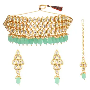 Bridal Kundan Necklace Set Gold Plated Faux Pearl Crystal Kundan Choker Necklace Set Indian Manufacture, Mint Color