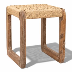 Taburete de Madera de Teca Reciclada con Asiento de Cuerda Tejida a Mano, Taburete de Madera Rústico Hecho a Mano para Sala de Estar, Dormitorio, Baño y Decoración del Hogar - Product Image 1