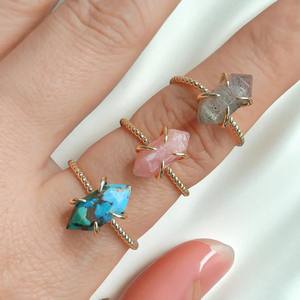 Twisted Band Hexagon Point Natural Labradorite Gemstone Fashion <b>Adjustable</b> <b>Ring</b> Gold Plated Birthstone <b>Ring</b> - Product Image 5