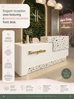 Présentation du mobilier de salon de beauté biophilique : comptoir d'accueil en terrazzo, lit de soin mauve et canapé circulaire vert pour salon moderne