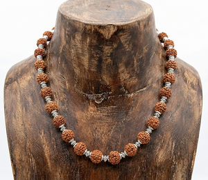 Women's 18-Inch Natural Rudraksha Stone <b>Beaded</b> Necklace Tibetan Silver 10K Gold Plated Geometric Design Trendy Gift Hand-made - Product Image 6