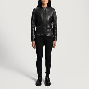 Chaqueta de motorista de piel de oveja auténtica para mujer, con cremallera, color negro, forro de viscosa acolchado y bolsillos exteriores interiores - Product Image 6
