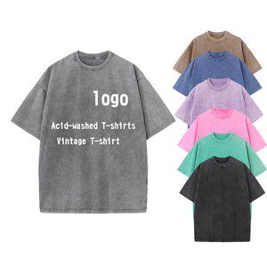 Camiseta de manga corta transpirable de algodón pesado 100% para hombre lavado ácido de gran tamaño con estampado informal de estilo Vintage al por mayor - Product Image 1